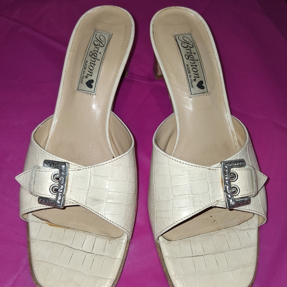 Brighton Women's Ivory Mules with Metallic Buckle